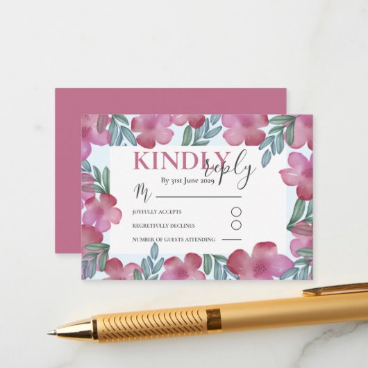 Boho RSVP赤面ピンクフローラ水彩結婚色 エンクロージャーカード (正面/裏面インサイチュ)