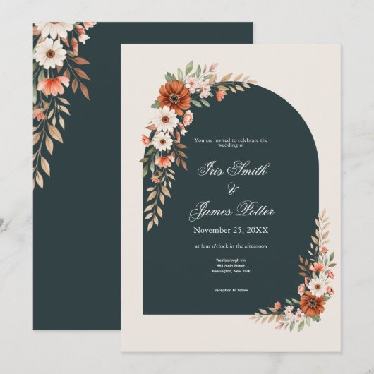 Boho Rust and White Daisy Wedding 招待状 (正面/裏面)