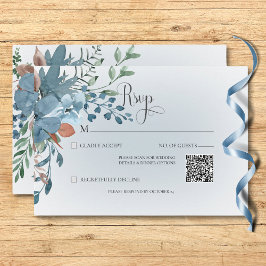 Boho Rust & Blueフローラの結婚ホワイトQRコード 出欠カード