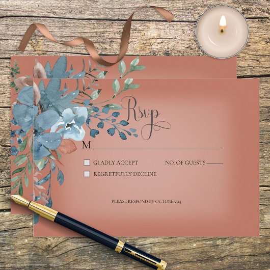 Boho Rust & Blueフローラ結婚の応答カード 出欠カード