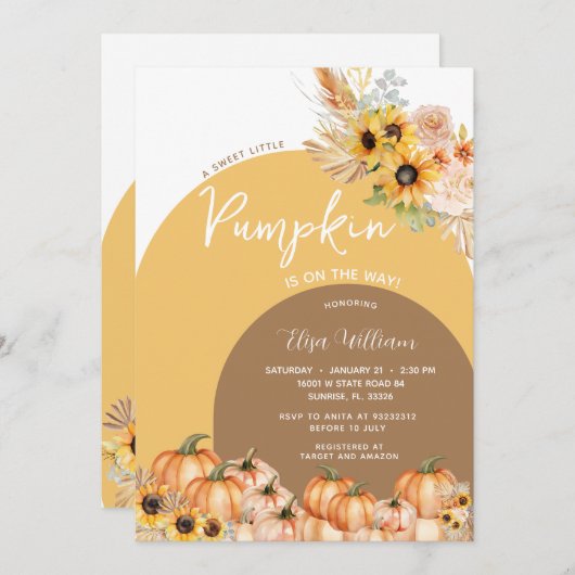 Boho Rust Orange Pumpkinは赤ちゃんシャワーの途中にある 招待状 (正面/裏面)