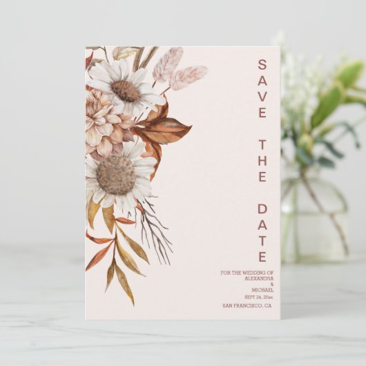 Boho Rust Terracotta乾燥ファンの花結婚の保存 セーブザデート (スタンド正面)