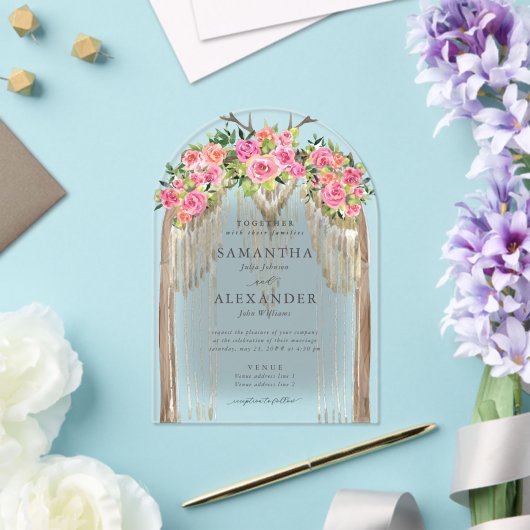 Boho Rustic Arch Western Watercolor Roses Wedding アクリル招待状 (インサイチュ (ウェディング))