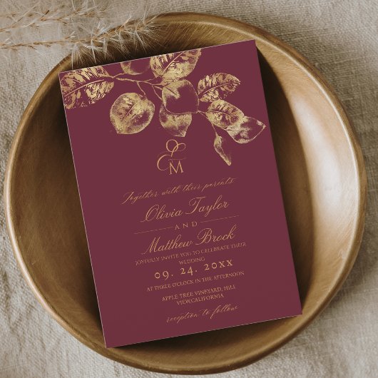 Boho Rustic Burgundy & Gold Wedding Invite 招待状