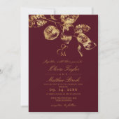 Boho Rustic Burgundy & Gold Wedding Invite 招待状 (正面)