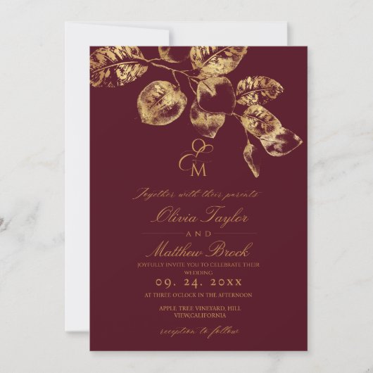 Boho Rustic Burgundy & Gold Wedding Invite 招待状 (正面)