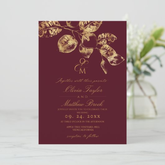 Boho Rustic Burgundy & Gold Wedding Invite 招待状 (スタンド正面)