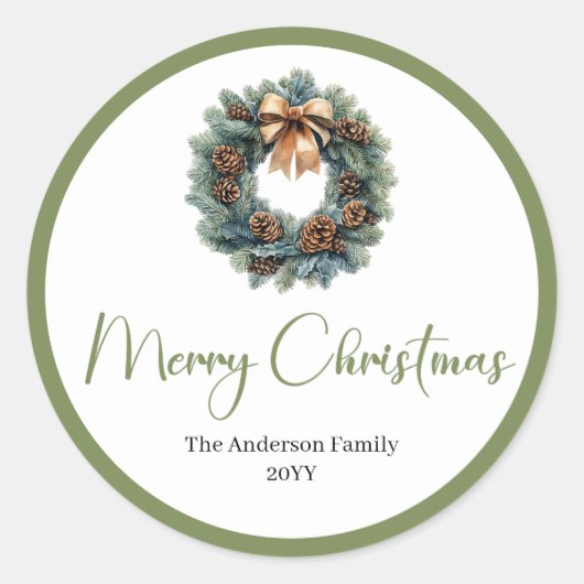Boho Rustic Christmas Wreath Botanical Sticker ラウンドシール (正面)