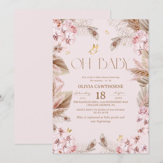 Boho Rustic Dusty Pink Baby Shower Invitation 招待状 (正面/裏面)
