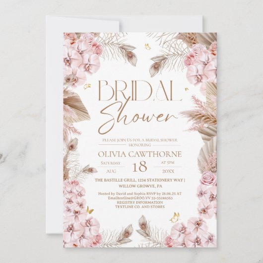 Boho Rustic Dusty Pink Bridal Shower Invitation 招待状 (正面)