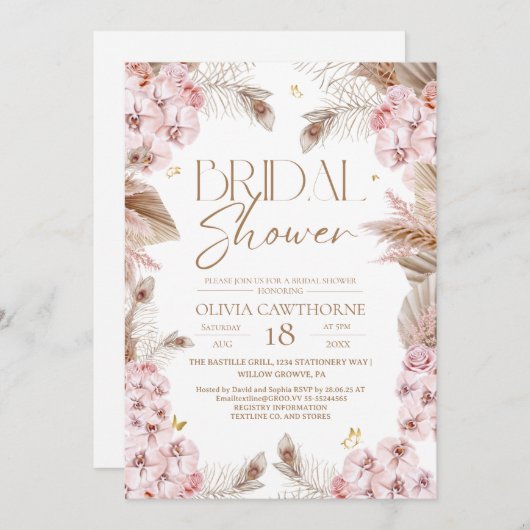 Boho Rustic Dusty Pink Bridal Shower Invitation 招待状 (正面/裏面)