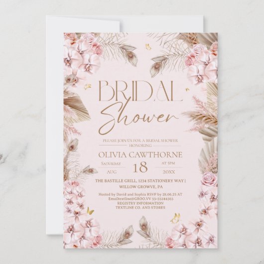 Boho Rustic Dusty Pink Bridal Shower Invitation 招待状 (正面)