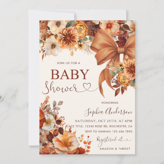 Boho Rustic Fall Floral Baby Shower Party 招待状 (正面)