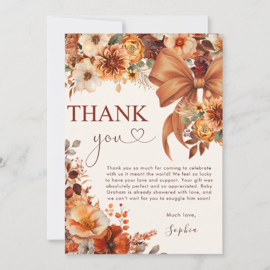 Boho Rustic Fall Floral Baby Shower Thank You Card 招待状 (正面)