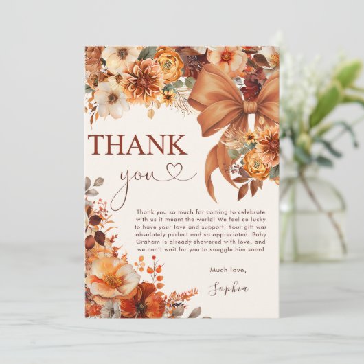 Boho Rustic Fall Floral Baby Shower Thank You Card 招待状 (スタンド正面)