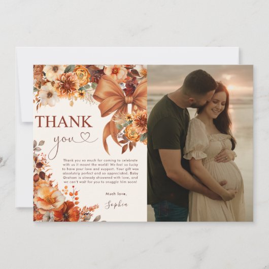 Boho Rustic Fall Floral Baby Shower Thank You Card 招待状 (正面)