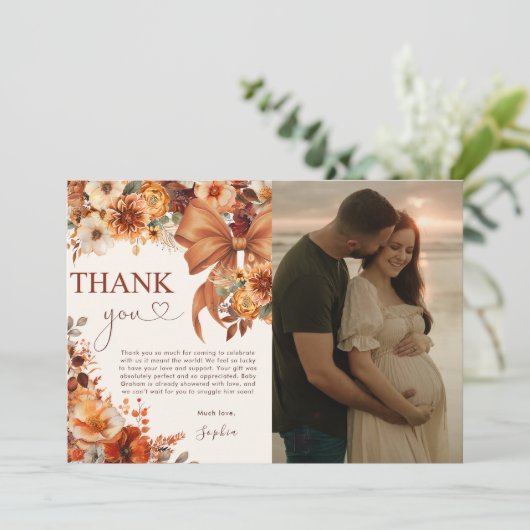 Boho Rustic Fall Floral Baby Shower Thank You Card 招待状 (スタンド正面)