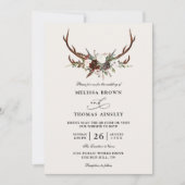 Boho Rustic Floral Antlers Budget QR Code Wedding 招待状 (正面)