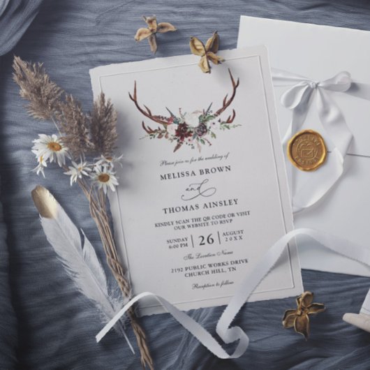 Boho Rustic Floral Antlers Budget QR Code Wedding 招待状