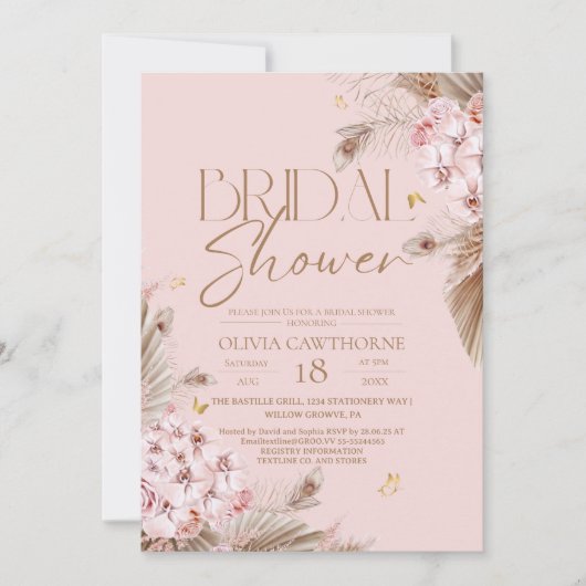 Boho Rustic Rose Pink Bridal Shower Invitation 招待状 (正面)