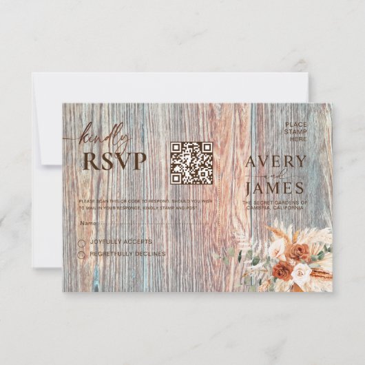 Boho Rustic Wood Grain QR Code RSVP Card (正面)