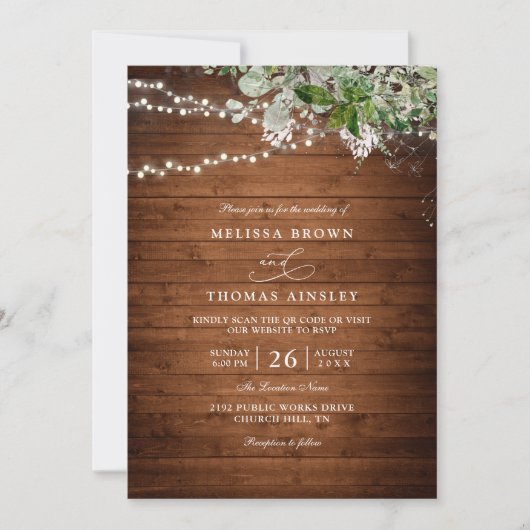 Boho Rustic Wood Greenery Elegant QR Code Wedding 招待状 (正面)