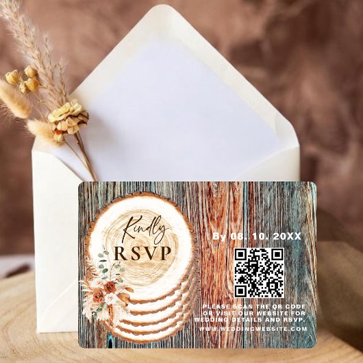 Boho Rustic Wood Slice RSVP Card with QR Code