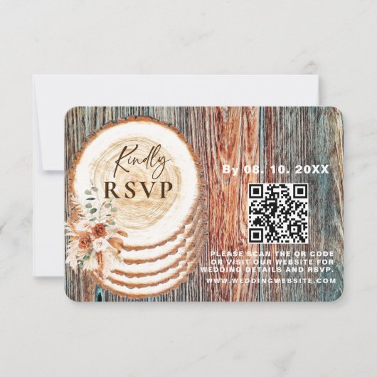 Boho Rustic Wood Slice RSVP Card with QR Code (正面)