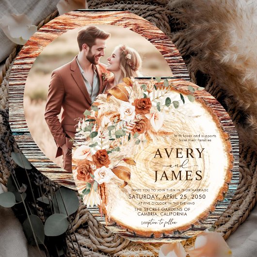 Boho Rustic Wood Slice Wedding Invitation – Pampas 招待状
