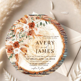 Boho Rustic Wood Slice Wedding Invitation – Pampas 招待状