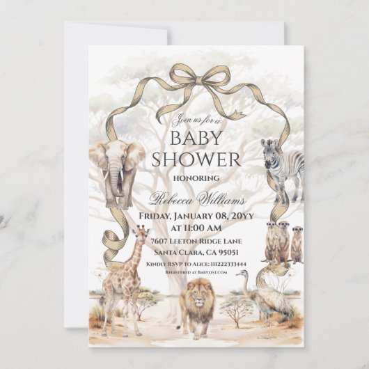 Boho Safari Animals Beige Neutral Baby Shower 招待状 (正面)