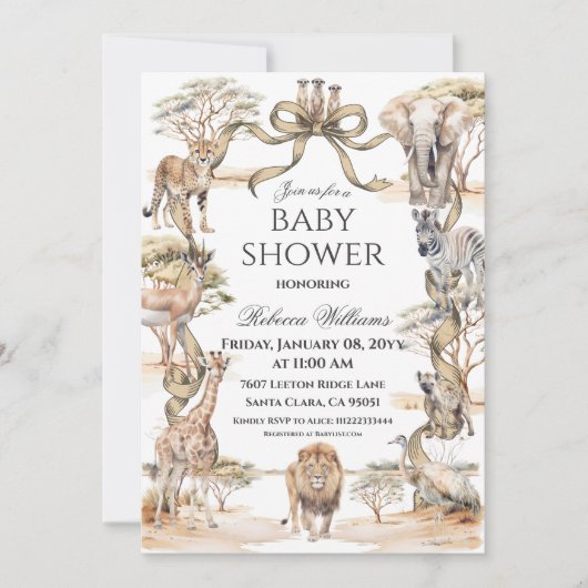 Boho Safari Animals Gender Neutral Baby Shower 招待状 (正面)