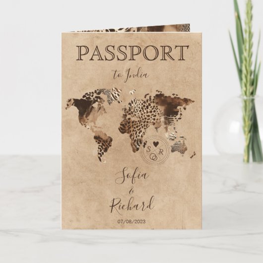 Boho Safari Leopard Wedding Passport World Map 招待状 (正面)