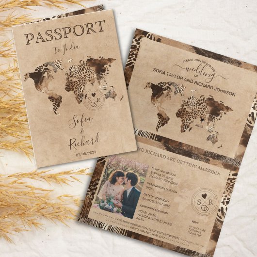 Boho Safari Leopard Wedding Passport World Map 招待状