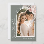 Boho Sageグリーンフォトウェディング日付を保存 セーブザデート (正面)