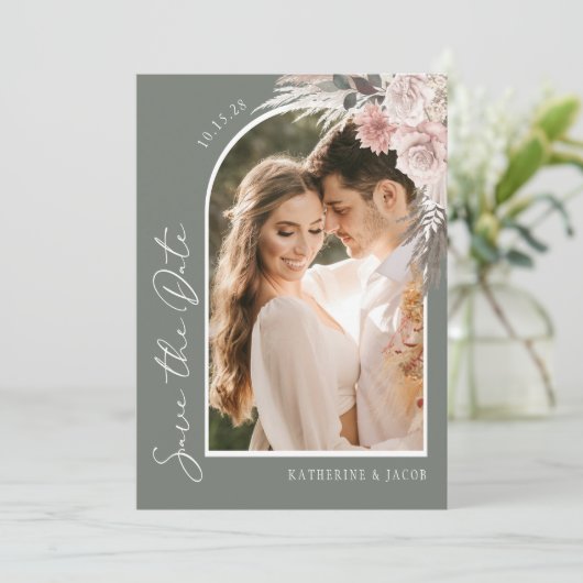 Boho Sageグリーンフォトウェディング日付を保存 セーブザデート (スタンド正面)