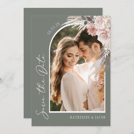 Boho Sageグリーンフォトウェディング日付を保存 セーブザデート (正面/裏面)