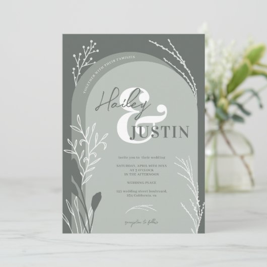 Boho sage緑の写真名スクリプトarch結婚's 招待状 (スタンド正面)