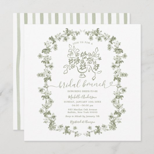 Boho Sage Floral Stripes Bow Bridal Brunch 招待状 (正面/裏面)