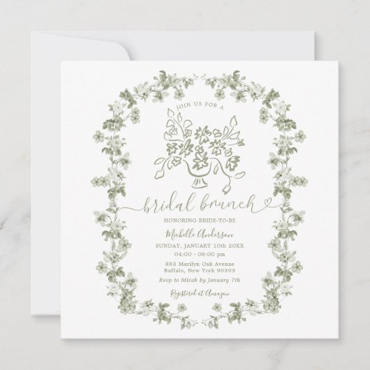 Boho Sage Floral Stripes Bow Bridal Brunch 招待状 (正面)