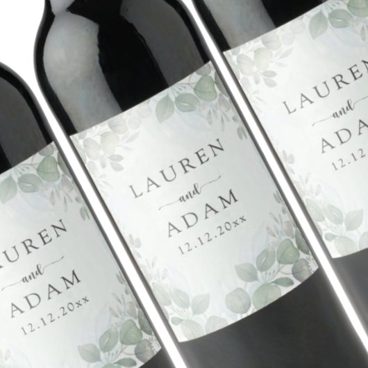 Boho Sage Green Eucalyptus Monogram Wedding ワインラベル