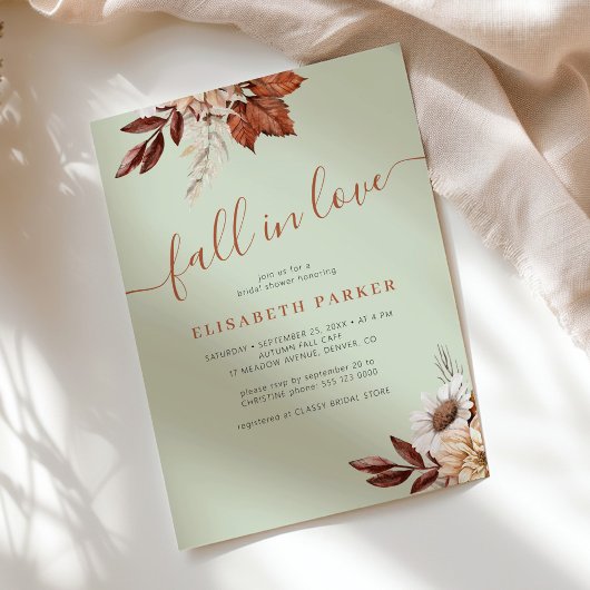 Boho sage green fall in love bridal shower 招待状