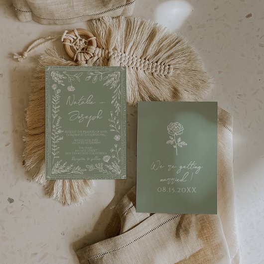 Boho Sage Green Floral Botanical Modern Wedding 招待状