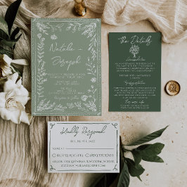Boho Sage Green Floral Botanical Modern Wedding 招待状