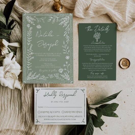 Boho Sage Green Floral Botanical Modern Wedding 招待状