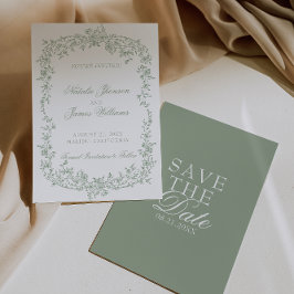 Boho Sage Green Floral Botanical Wedding Save The セーブザデート