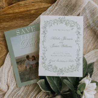 Boho Sage Green Floral Photo Wedding Save The  セーブザデート