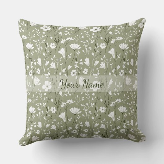 Boho Sage Green Floral Wildflowers Personalized クッション (裏面)