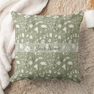 Boho Sage Green Floral Wildflowers Personalized クッション