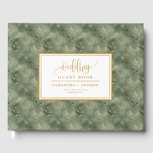 Boho sage green gold leaves wedding guest book ゲストブック (正面)